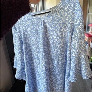 Floral Blue Blouse with Bell Sleeves